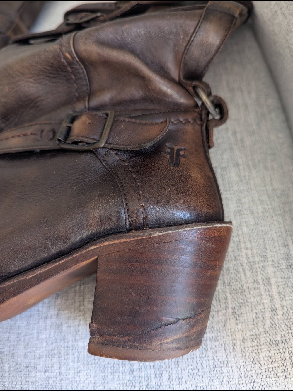 Frye Distressed Brown Leather Mid-Calf Buckle Heeled Boots - Picture 8 of 9